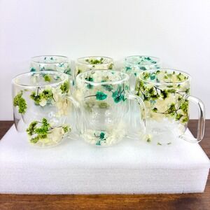 Double Wall Glass Floral Mugs Clear Botanical Tea Coffee Cups Mugs Home NEW